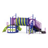 World Klass Play Blue Water Cover Commercial Playground Structure, colorful outdoor play set featuring slides, tunnels, and climbing areas for children.