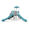 World Klass Play Breezy Peak Commercial Playground Structure, a modern playground equipment with two slides, a central platform with a canopy, and safety railings for children to play and slide.
