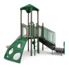 World Klass Play Breezy Peak Commercial Playground Structure, a sturdy outdoor playset with a green canopy, multiple climbing elements, and a slide for children's recreation.