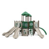 World Klass Play Quad Rush Commercial Playground Structure, large multi-level outdoor playground with multiple slides, climbing areas, and a shaded roof for kids' play and entertainment.
