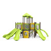 World Klass Play Quad Rush Commercial Playground Structure, vibrant green and yellow outdoor playset with multiple slides, climbing features, and a shaded area for children to enjoy.