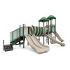 World Klass Play Rush and Glide Commercial Playground Structure, large playground with multiple slides, tunnels, and climbing features in green and beige colors.