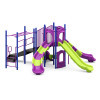 World Klass Play Tritons Tripod Commercial Playground Structure, colorful playground with multiple slides, climbing equipment, and safety features for children.