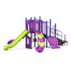 World Klass Play Tritons Tripod Commercial Playground Structure, colorful playground equipment with slides, climbing surfaces, and safety rails for children.