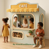 Kid's Wood Store Café Wooden Playhouse - Indoor or Outdoor, children playing inside and outside the toy cafe with a coffee machine and shelves with cups, designed for imaginative play.