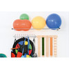 Moje Bambino Hanger for 5 Balancing Boards, wall-mounted storage rack holding colorful balance balls, balancing boards, and children's outdoor fitness equipment.