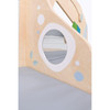 Moje Bambino Little Explorer Play Island Activity Center, close-up view of wooden activity panel with mirror and colorful details for infants and toddlers.