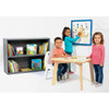 Playscapes Nordic Scandinavian Bookcase - Select Stain Color, view of a modern black wooden bookcase filled with children's books in a children's playroom.