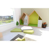 Moje Bambino Floor Foam Cushion Set - 3 Pieces, colorful soft foam cushions for children's play area arranged on the floor near a house-shaped kids' playhouse.
