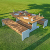 Whitney Brothers outdoorED™ Table and Two Bench Set, outdoor kids' furniture set on a grassy lawn with wooden table and benches with white frames.