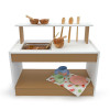 Whitney Brothers outdoorED™ Mud Kitchen, outdoor play area with wooden and plastic kitchen utensils, bowls, and plates for children.