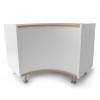 Whitney Brothers elevatED™ Curve In Cabinet - 27"H, modern white curved cabinet with natural wood accents and metal legs, ideal for educational or office use.