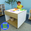 Whitney Brothers elevatED™ Adjustable Light Table, a children's educational light table with adjustable height, illuminated surface, and various educational tools for early learning activities.