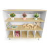 Whitney Brothers elevatED™ Cubby and Shelf Cabinet, wooden storage unit with multiple cubbies, shelves, and decorative items including books, toy wooden blocks, stuffed bear, potted plants, and pink shoes.