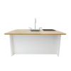 Whitney Brothers elevatED™ Kitchen Island Breakfast Bar, modern kitchen island with a light wood countertop, white base, sink, and cooktop on a white background.