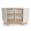 Whitney Brothers elevatED™ Curve Out Cabinet 27"H, modern children's storage cabinet with curved design, white sides, natural wood shelves, and adjustable metal legs.
