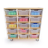 Whitney Brothers elevatED™ 15 Tray Mobile Storage Cabinet, wooden frame with 15 transparent plastic trays filled with colorful balls on a white background.
