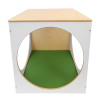 Whitney Brothers elevatED™ Play House Cube With Floor Mat Set, wooden cube playhouse with circular cutout entrance and green floor mat.