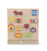 LiteZilla Kidworx™ Nosey Neighbors Puzzle Peek Wall Activity, colorful wall puzzle with small house and building pieces in various shapes and colors on a pegboard background.