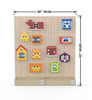 LiteZilla Kidworx™ Nosey Neighbors Puzzle Peek Wall Activity, colorful wooden house and window puzzle pieces with sliding mechanisms on a beige perforated wall panel, measuring 38 inches wide and 43 inches high.