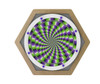 LiteZilla Multi-Sensory Hexagon Panel - Purple & Green Twist Optical Illusion XL, a hexagonal wooden frame with a circular, colorful, optical illusion design featuring purple, green, black, and white concentric spirals.