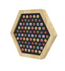 LiteZilla Multi-Sensory Hexagon Panel - Fidget Spinner Classic, colorful sensory hexagon panel with intricate patterned fidget spinners arranged in rows inside a wooden hexagon frame.