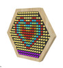 LiteZilla Multi-Sensory Hexagon Panel - Mini Lite Brite XL, colorful multi-sensory hexagon panel with illuminated pegs in various colors on a black background surrounded by a wooden frame
