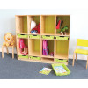Whitney Brothers Whitney Plus Coat Locker, wooden coat storage unit with multiple compartments and green bins holding children's backpacks, jackets, and shoes in a classroom setting.