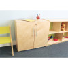 Whitney Brothers Whitney Plus Locking Storage Cabinet, wooden storage cabinet with doors and metal handles, used in a classroom or playroom setting.