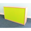 Whitney Brothers Whitney Plus Bookshelf Storage Cabinet - Electric Lime, modern wooden storage cabinet with a vibrant electric lime green front panel, placed on a blue carpeted floor against a light-colored wall.