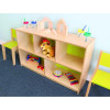 Whitney Brothers Whitney Plus Bookshelf Storage Cabinet - Electric Lime, wooden storage unit with three open shelves filled with toys and colorful chairs on each side.