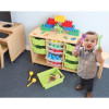 Whitney Brothers Medium Gratnell Storage Tray - Green, colorful children’s storage tray with toys and blocks in a classroom setting.