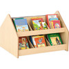 Moje Bambino Flexi Bookcase Bench, wooden children's book storage bench with two compartments filled with colorful children's books.