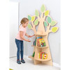 Moje Bambino Classroom Tree Bookshelf, children's wooden bookshelf designed like a tree with colorful leaf accents, featuring multiple shelves filled with children's books, placed in a classroom or playroom setting.