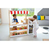 Moje Bambino Mini Market Counter, children's toy play store with toy fruits, vegetables, and cash register where two kids are playing store.