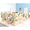 Moje Bambino 90 Degree Connector for Sensory Play Panels, wooden sensory activity tunnel with interactive gears and spiral target, children playing and exploring in a bright playroom.