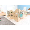 Moje Bambino Flora Sensory Play Panel Partition #5, wooden children's sensory play panel with interactive elements in a bright, modern playroom setting.