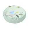 Moje Bambino Forest Floor Cushion, round soft cushion with a nature-inspired design featuring a blue bird and green leaves.