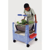 Childbrite Science and Habitat Center - Convertible Learning Station, a clear glass habitat with soil and plants inside on a blue mobile stand with storage drawers and a red access container.