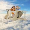 Wood Designs Biplane Reading and Play Cube RTA, children playing in a wooden airplane toy designed for imaginative play, flying above the clouds with sky background.