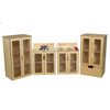 Wood Designs My Cottage Refrigerator, children's wooden play kitchen set with realistic refrigerator, stove, sink, and storage cabinets.