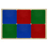 Wood Designs Duplo® Compatible Wall, colorful interlocking tiles in blue, red, and green on a wooden wall panel.