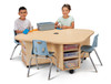 Jonti-Craft Kids 4 Person Mobile STEM Storage School Classroom Table, wooden table with storage drawers on cart wheels surrounded by four blue chairs and children playing with educational toys.