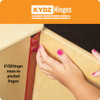 Jonti-Craft Kids All-In-One Wooden Play Kitchen Set, close-up of a child's hand demonstrating a red KYDZ Hinge with no pinched fingers.