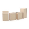 Jonti-Craft Culinary White Play Kitchen 4 Piece Set, a set of unfinished wooden play kitchen furniture including a tall cabinet, two medium cabinets, and a smaller stove unit with knobs.