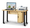 Jonti-Craft Single Computer Lab Table, wooden workspace with computer monitor, keyboard, mouse, and printer on top, black legs with wheels, and a storage cabinet on the side.