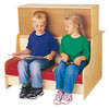 Jonti-Craft Script-n-Skills Mini Station, children sitting on a wooden bench with storage and perforated backing, engaging in a learning activity.