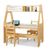 Jonti-Craft Kids Classroom Workspace Center, wooden children's study station with two chairs, a shelf with storage, whiteboard with writing, and a computer.