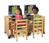 Jonti-Craft Enterprise Double Computer Desk, wooden classroom desk for two with two children using computers on the desk.