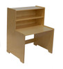 Wood Designs Contender Ready to Assemble Writing Desk, light wood-colored modern desk with open shelves and sturdy construction.